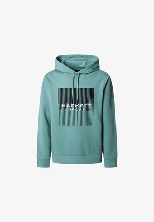 Sweat à capuche teal avec un graphisme sur le devant affichant "HACKETT" et "SPORT" en blanc, entouré de lignes verticales noires. Comprend une capuche avec cordon.