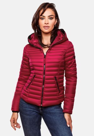 Red puffer jacket with a zip front, horizontal quilting, and an adjustable hood. Features two zippered side pockets and elastic cuffs.