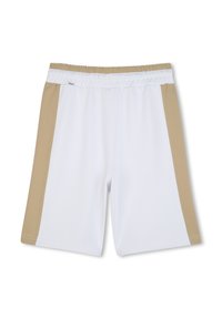 Pantaloni sportivi bianchi con pannelli laterali beige, vita elasticizzata e una superficie liscia. Presenta un'etichetta del brand vicino alla vita.