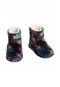 Svart fleecefodrade tofflor med Marvel Avengers-karaktärer och logotyper, med motiv av Captain America, Iron Man och Hulk.