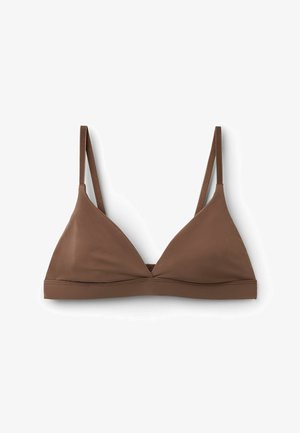 Bra in brauner Dreieckform aus glattem Stoff, mit dünnen verstellbaren Trägern und minimalistischem Design. Keine Polsterung oder Bügel, mit weichem Gefühl.