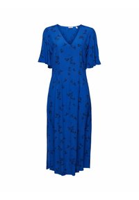 Modrá midi šaty s černým květinovým potiskem, výstřih do V, krátké volánové rukávy a postranní rozparky.