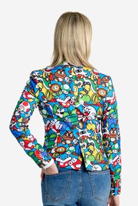 Colorful fabric jacket featuring various cartoon characters in a dense pattern against a blue and green background. Tailored fit with a button accent.