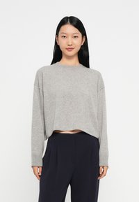 Junge Frau mit langen schwarzen Haaren, die einen hellgrauen, verkürzten Pullover und hochtaillierte schwarze Hosen trägt, steht vor einem weißen Hintergrund.