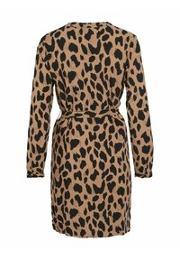 Robe longueur genou avec manches longues et ceinture, présentant un motif léopard marron et noir, vue de dos.