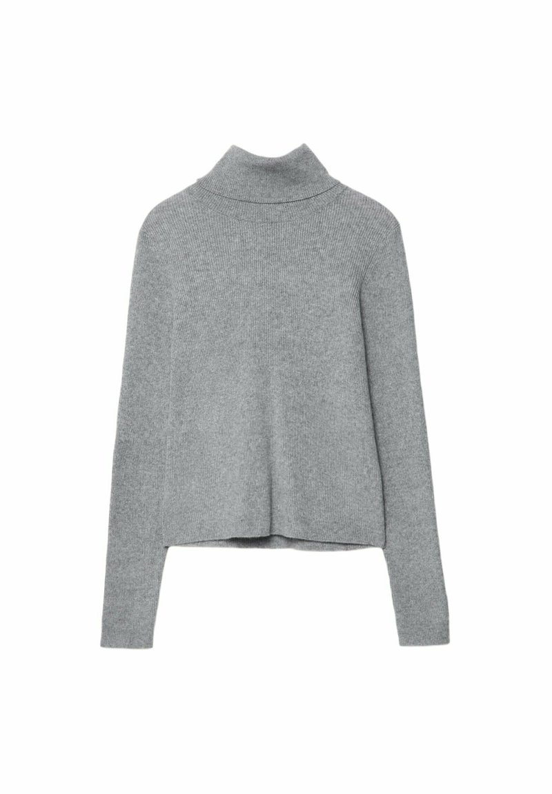 Grau gestrickter Rollkragenspullover aus Rippstrick, mit langen Ärmeln, lässigem Schnitt und hohem Kragen für zusätzliche Wärme.