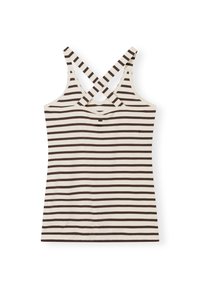 Stribet tanktop i creme og brun, med et tætsiddende design, krydsede stropper på ryggen og blødt bomuldsstof. Ingen bemærkelsesværdig hardware eller detaljer.