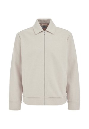 Lichtbeige jas met ritssluiting, een kraag, twee zijzakken en geribbelde manchetten, gemaakt van een zachte, getextureerde stof.