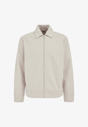 Svijetlo bež jakna na patentni zatvarač s ovratnikom, dva bočna džepa i rebrastim rubovima, izrađena od mekanog, teksturiranog materijala.