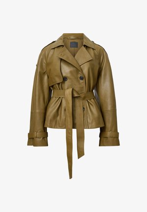 Olijfgroene leren double-breasted trenchcoat met een ceintuur in de taille, geplooide kraag en met knopen sluitende manchetten. Gladde textuur, getailleerde pasvorm.