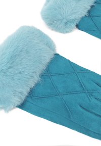 I guanti turchesi presentano un morbido polsino in pelliccia e un corpo testurizzato con un motivo a diamante. Realizzati in un materiale simile alla suede, offrono un design accogliente.