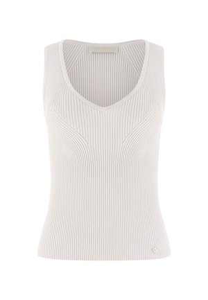 Mouwloze beige geribbelde gebreide tanktop met V-hals en subtiele contourpatronen aan de voorkant.