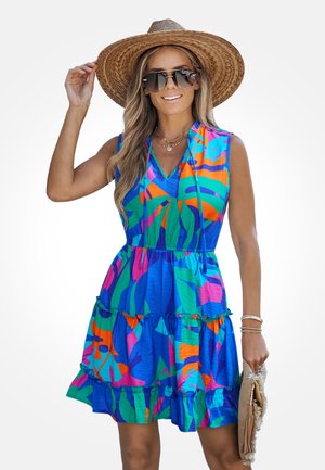 Vestito colorato con motivi astratti blu, verdi, rosa e arancioni, con gonna a balze, scollo a V e dettaglio con coulisse.