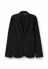 Svart blazer i slätt tyg med slagkrage, två framfickor och två knappar. Rak skärning med långa ärmar.