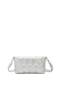 Borsa a tracolla argentata, con forma rettangolare, superficie texturizzata e tracolla regolabile. Presenta una finitura liscia e dettagli di cucitura sottili.