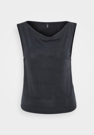 Sõrmevaba must topp, millel on kandelik kaelus. Valmistatud siledast ja kergest kangast. Omab lõdva istuvuse ja ümarat allääret.