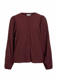 Langærmet bluse med knapper i bordeaux blonder med puffede ærmer og rund halsudskæring.