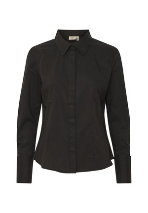 Melnas garām piedurknēm kreklis, kas izgatavots no kokvilnas maisījuma, ar klasisku apkakli, ar pogām aizdarāmu priekšpusi un strukturētu piegriezumu ar nedaudz paplašinātiem piedurkņu galiem.