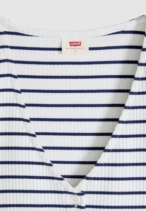 Top in tessuto bianco a coste con strisce orizzontali blu navy, scollo a V profondo, singolo bottone bianco e etichetta rossa Levi’s sul collo, taglia piccola.