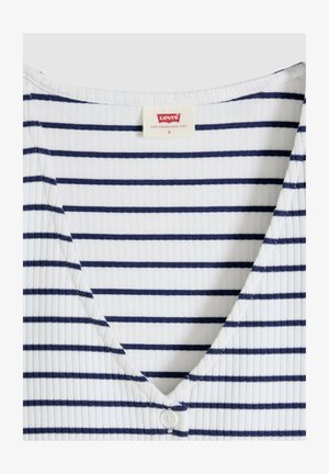 Top in tessuto bianco a coste con strisce orizzontali blu navy, scollo a V profondo, singolo bottone bianco e etichetta rossa Levi’s sul collo, taglia piccola.
