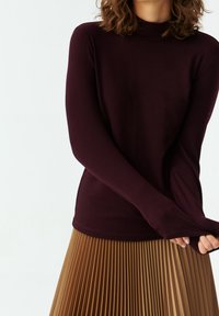 Burgundy pitkähihaineen turtleneck-paita, joka on valmistettu pehmeästä kankaasta, yhdistettynä laskostettuun vaaleanruskeaan hameeseen, joka tarjoaa sileän pinnan ja muotoillun designin.