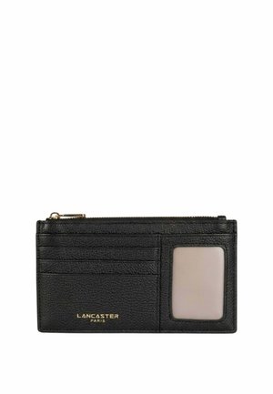 Porte-cartes en cuir noir avec quatre fentes pour cartes, fenêtre d'identification transparente, compartiment zippé et logo doré "Lancaster Paris".