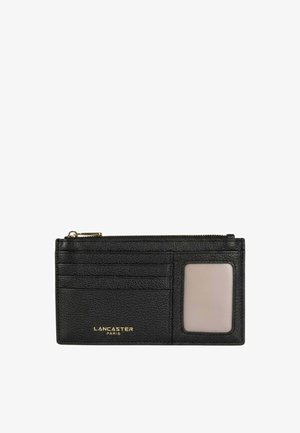 Porte-cartes en cuir noir avec quatre fentes pour cartes, fenêtre d'identification transparente, compartiment zippé et logo doré "Lancaster Paris".