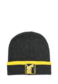 Gorro de punto negro con un dobladillo amarillo, que presenta una insignia de Pikachu en la parte frontal. Textura suave y diseño elástico para mayor comodidad.