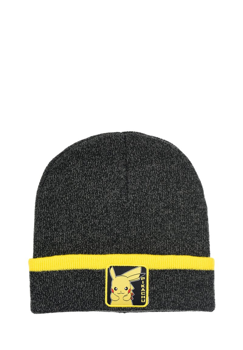 Gorro de punto negro con un dobladillo amarillo, que presenta una insignia de Pikachu en la parte frontal. Textura suave y diseño elástico para mayor comodidad.
