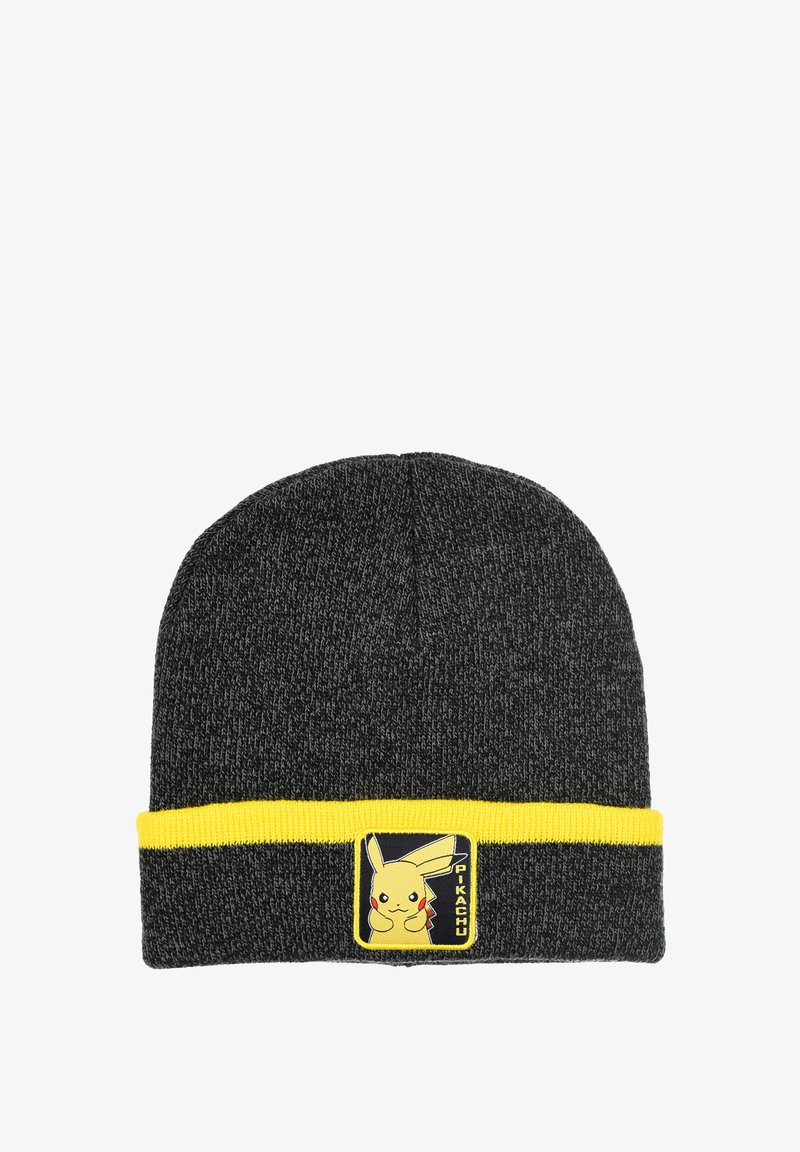 Gorro de punto negro con un dobladillo amarillo, que presenta una insignia de Pikachu en la parte frontal. Textura suave y diseño elástico para mayor comodidad.