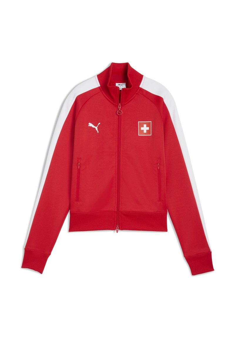 Punane spordijakk valgete detailidega, lukuga ees, kõrge kraega, kahe küljetaskuga, millel on Šveitsi lipu embleem ja Puma logo rinnal.