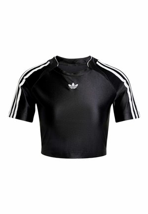 Black cropped athletic top made of smooth fabric with short sleeves, featuring three white stripes on each shoulder and a small logo on the chest.