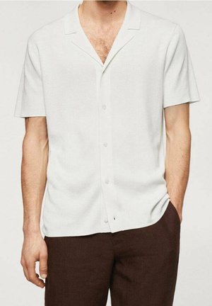 Mand iført en kortærmet hvid skjorte med knapper og mørkebrune bukser, med den ene hånd i lommen og synligt brystskæg.