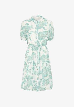 Kreemvalge kleit lühikeste varrukatega, teal värvi paisleimuster, nööpidega esikülg, vöökoha kinnitamine paelaga ja kerge, õhuline kangas.