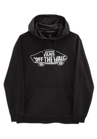 Sudadera negra de material suave con un gráfico blanco del logo "VANS OFF THE WALL" en el frente y un bolsillo tipo canguro en la parte delantera.
