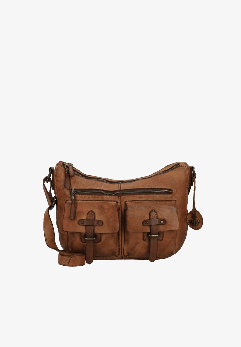 Braune Leder-Crossbody-Tasche mit zwei vorderen Taschen, einem Reißverschluss-Hauptfach und verstellbarem Tragegurt. Mit Metallbeschlägen und Steppdetails.