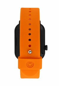 Cinturino per orologio in silicone arancione con cassa nera. Presenta un bracciale texture, più fori per la regolazione e un dettaglio in metallo argentato.