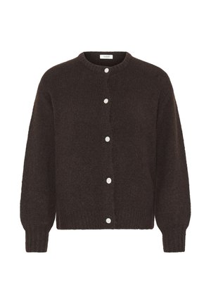 Cardigan en maille texturée marron foncé avec manches longues et cinq boutons blancs sur le devant, doté d'un col rond et de poignets et ourlet côtelés.