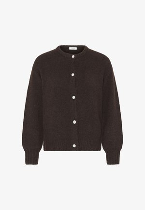 Cardigan en maille texturée marron foncé avec manches longues et cinq boutons blancs sur le devant, doté d'un col rond et de poignets et ourlet côtelés.