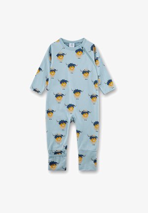 Blauwe katoenen romper met lange mouwen, versierd met een patroon van cartoonachtige gele stieren die hoeden dragen, met ribgebreide boorden en een ronde halslijn.