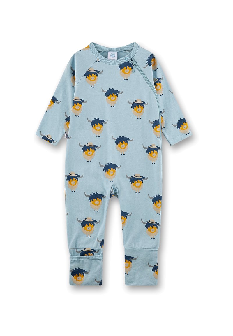 Blauer Baumwoll-Einteiliger Anzug mit langen Ärmeln, der ein Muster aus comichaften gelben Stieren mit Hüten zeigt, gerippte Bündchen und einen abgerundeten Halsausschnitt hat.