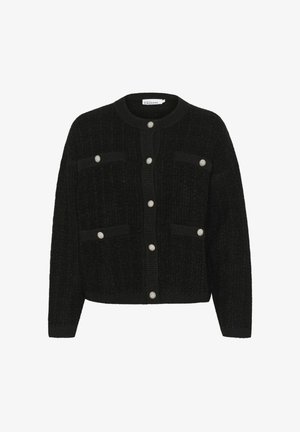 Zwarte gebreide cardigan met een ronde halslijn, volledige knopenvoorzijde, twee opgestikte zakken en decoratieve knopen op de zakken en de knoopsluiting.