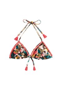 Top da bikini con stampa floreale a forma triangolare, rifinito con un bordo rosa, spalline regolabili con frange colorate e un bordo arricciato nella parte inferiore.
