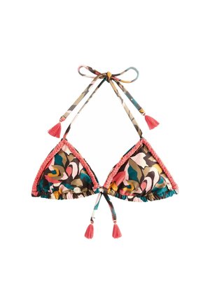 Bikini-top met bloemenprint in een driehoekige vorm met roze accent, verstelbare banden met kleurrijke kwastjes en een gegolfde rand aan de onderkant.