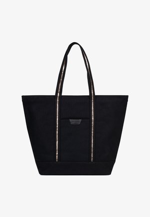 Borsa tote nera con due manici a strisce argentate metalliche, forma strutturata e tasca frontale a toppa. Realizzata in tessuto durevole.