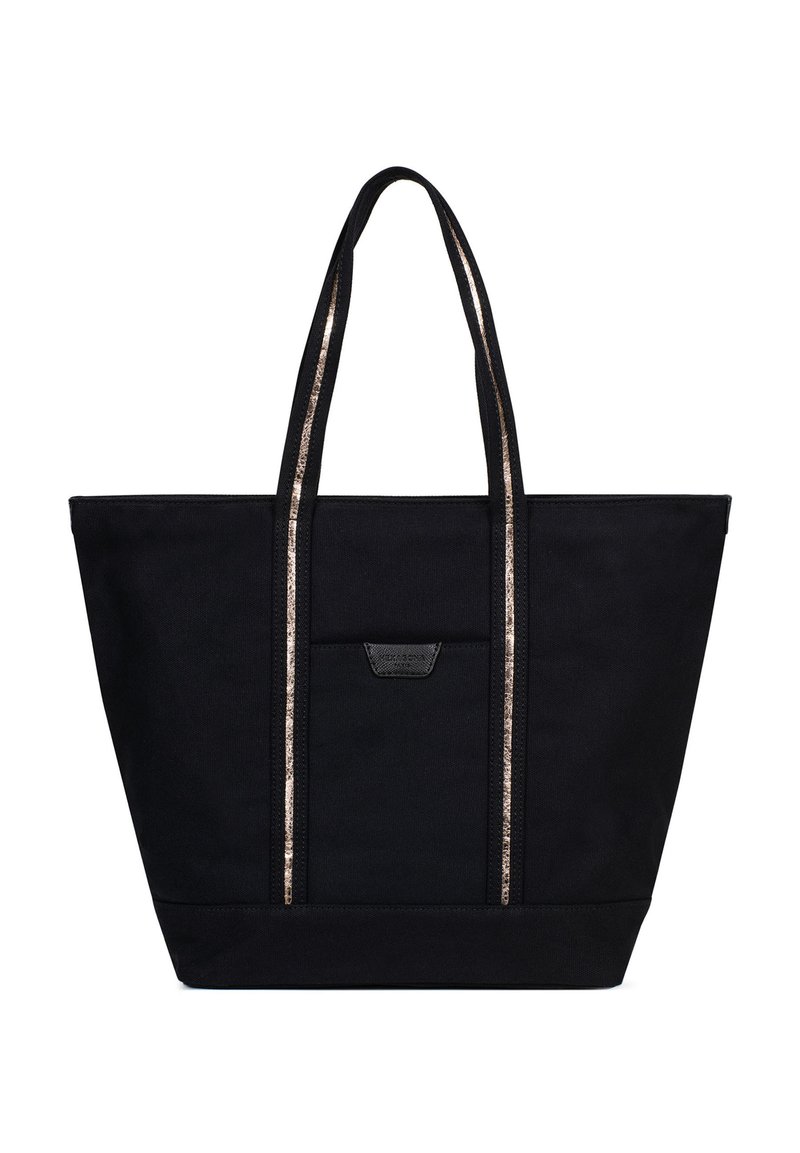 Borsa tote nera con due manici a strisce argentate metalliche, forma strutturata e tasca frontale a toppa. Realizzata in tessuto durevole.