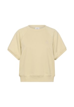 Sweatshirt beige à manches courtes avec poignets et ourlet côtelés, col rond et logo discrètement brodé sur le côté gauche de la poitrine.