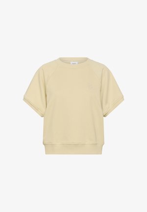 Beige genser med korte ermer, ribbestrikkede mansjetter og kant, rund hals og subtilt brodert logo på venstre bryst.