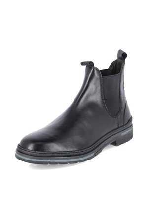 Black leather ankle boot with elastic side panels, pull tabs on front and back, and a ridged rubber sole with gray accents.