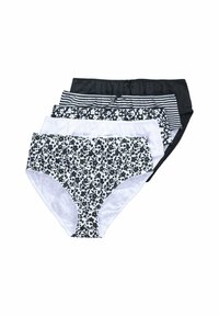 Čtyři páry dámského spodního prádla v různých designech: černé, bílé, květinové a pruhované vzory, vyrobené z jemné látky.